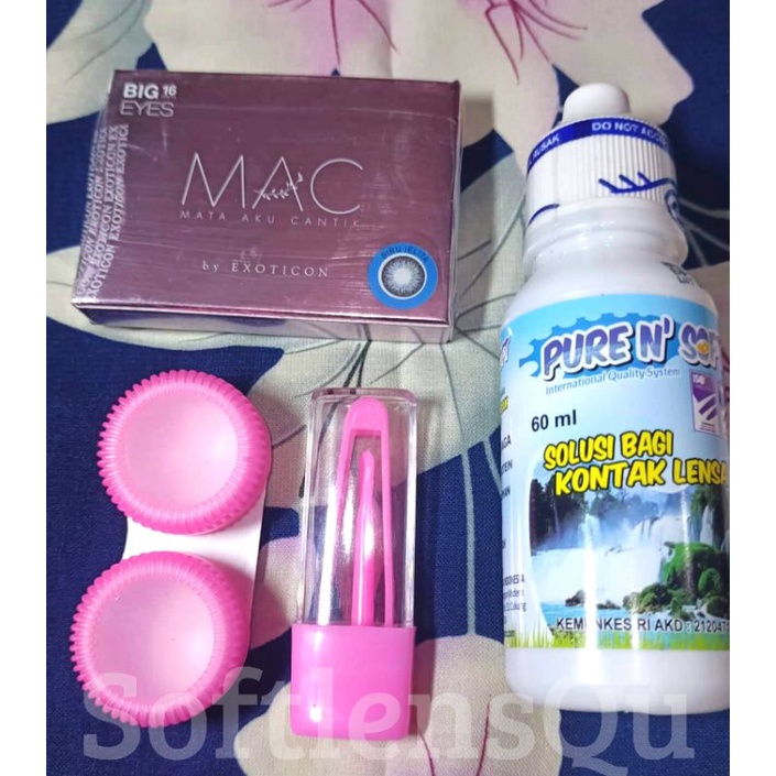 COD Paket Softlens MAC Normal Big Eyes Dia 16mm by Exoticon + Air Softlens Nice Look / Pure n Soft 60ml + Pinset + Lenscase