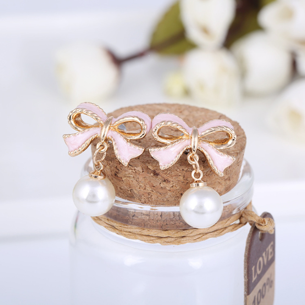 Anting Klip On Tanpa Tindik Desain Pita Enamel Hias Mutiara Imitasi Untuk Wanita