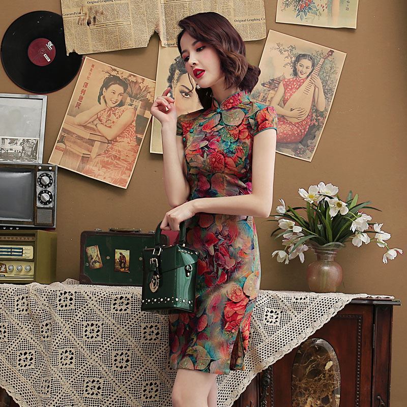 Multicolor new women's summer elastic cotton short sleeved cheongsam Chinese stand collar slim liter