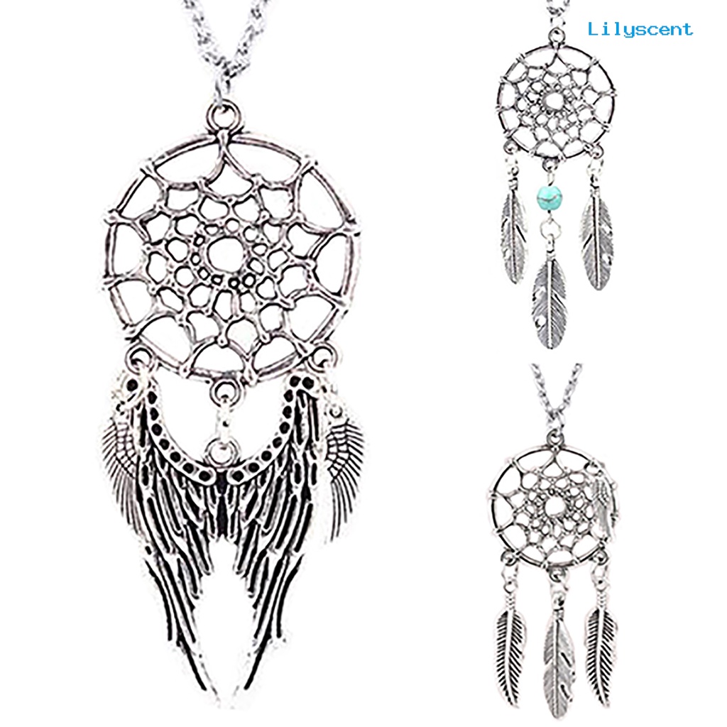 Kalung Rantai Desain Dream Catcher Sayap Bulu Gaya Etnik Untuk Wanita