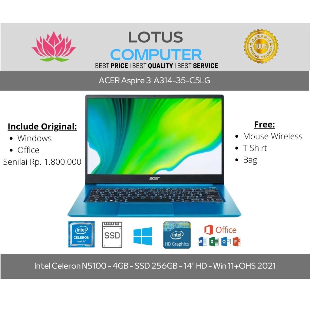 ACER Aspire 3 A314-35-C5LG/N5100/4GB/256GB/14"HD/Win 11+OHS'21/Blue