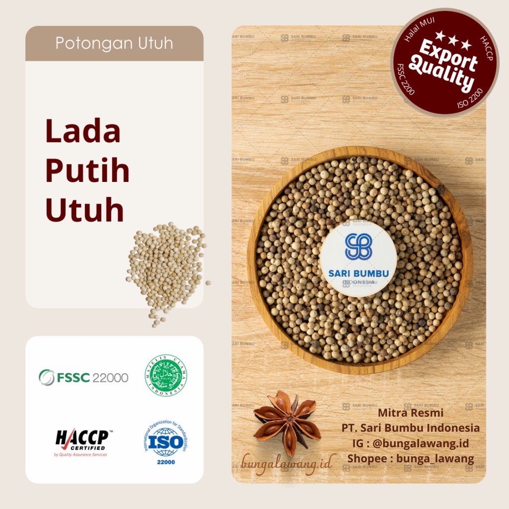 

Lada putih Utuh / White Pepper Seed 250gr Export Quality