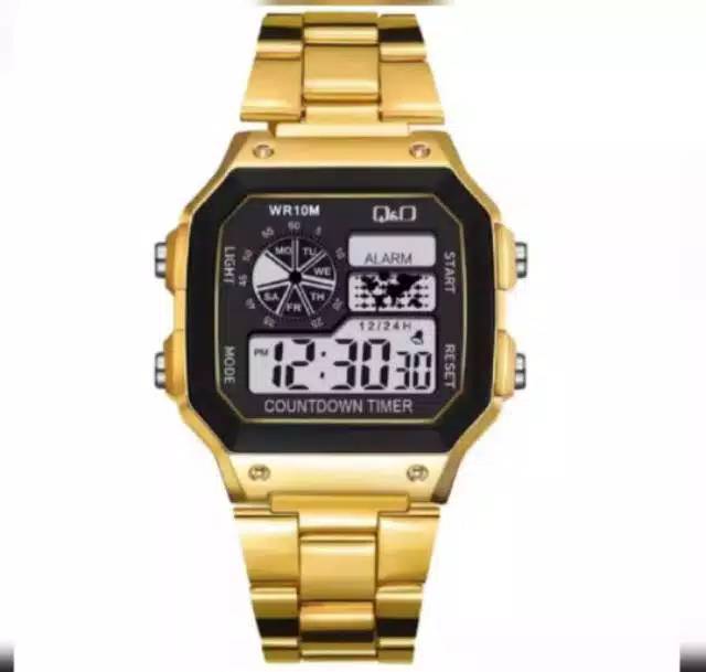 (G_W)Jam Tangan Pria Kasual Sport Digital QQ Segi Strap Rantai Steel