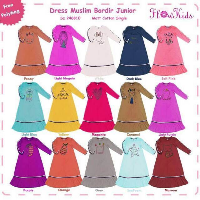 Gamis bordir bahan kaos katun flower kids flokids flowerkids okbg