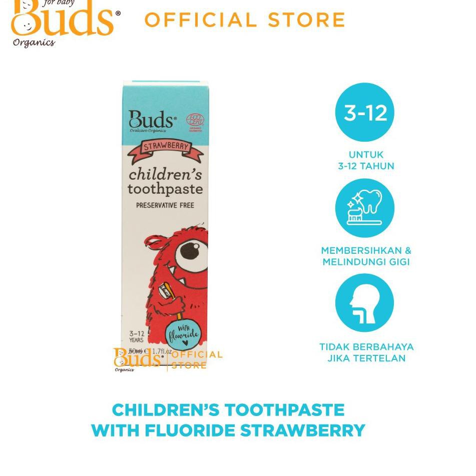 Buds Organics BOO - Toothpaste With Fluoride Strawberry 50ml - Pasta Gigi Anak Organik (3-12 tahun)