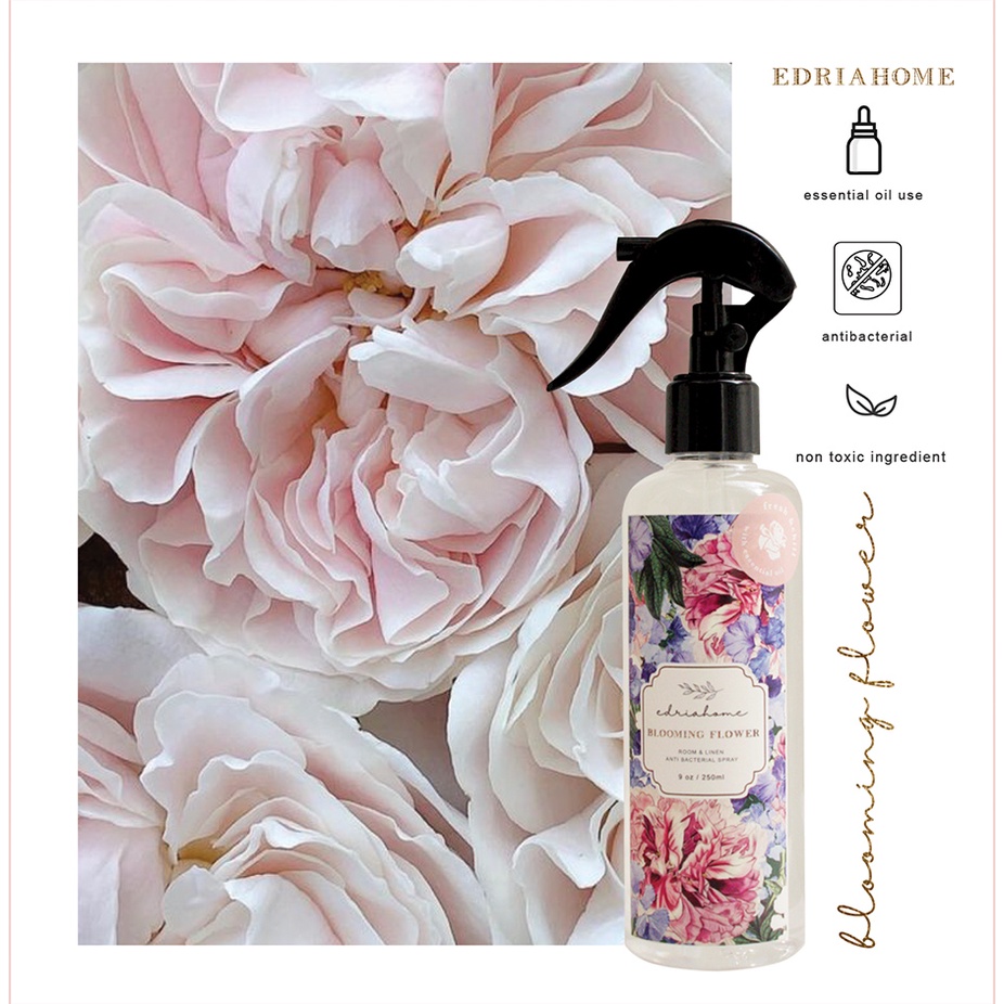 Edriahome Room and Linen Spray Blooming Flower 250 ML/ Spring in Provence Series/ Anti Bacterial/ Multipurpose Room and Pillow Spray / Fabric Spray / Bed Spray /  Pillow Spray /  Laundry Spray / Odor Eliminator / Pengharum Ruangan dan Kain