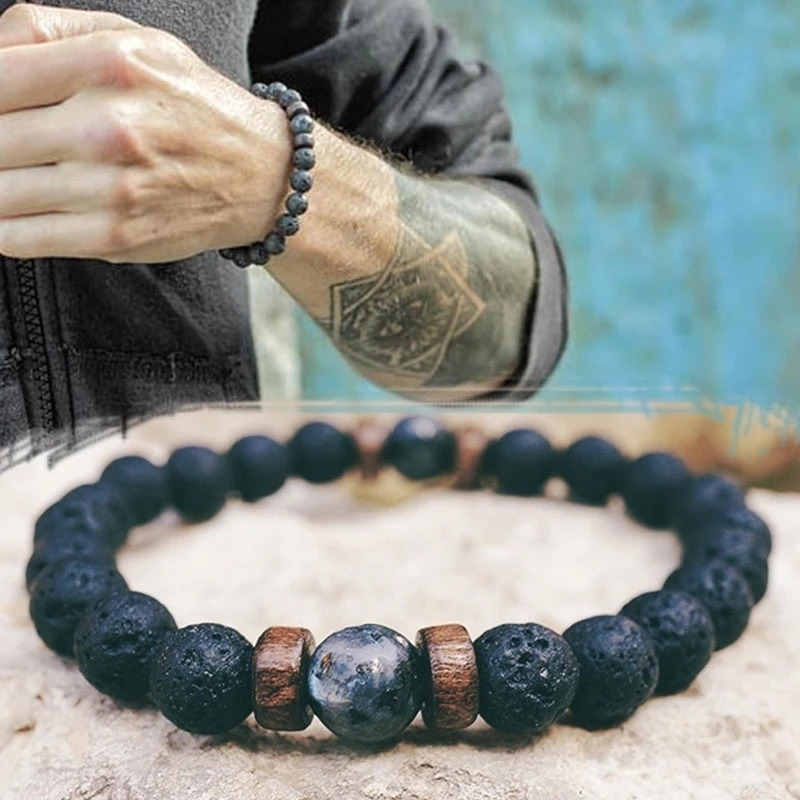 Men Volcanic Stone Bracelet / 8mm Moonstone Bead chakra Lava Beads Diffuser Bracelet