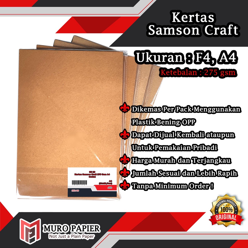 

( PER PAK - ISI 20 ) Karton Samson Craft 275 Gsm F4 A4