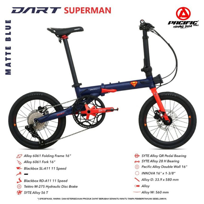 Sepeda Lipat 16 inch Pacific Dart Superman 11 Speed Frame Alloy Hidrolik Double Disc