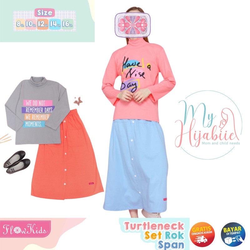 Flowkids Setelan Rok Turtleneck Anak Perempuan - Baju Lengan Panjang Cewek Size 8 10 12 14 16 Tahun