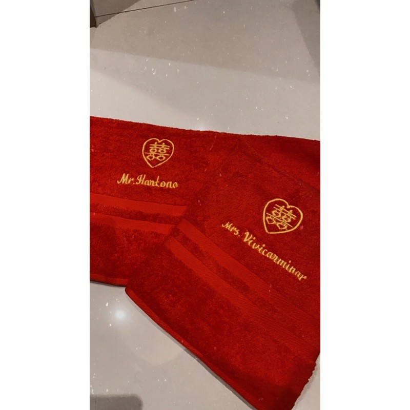 handuk couple handuk wedding  handuk merah  handuk xuang xi  bordir nama