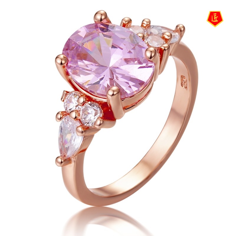 [Ready Stock]Pink Crystal Diamond Ring Fashionable and Elegant