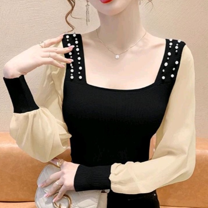 13508 Baju atasan blouse kerah kotak lengan panjang sifon mote Korean style wanita import baju atasa