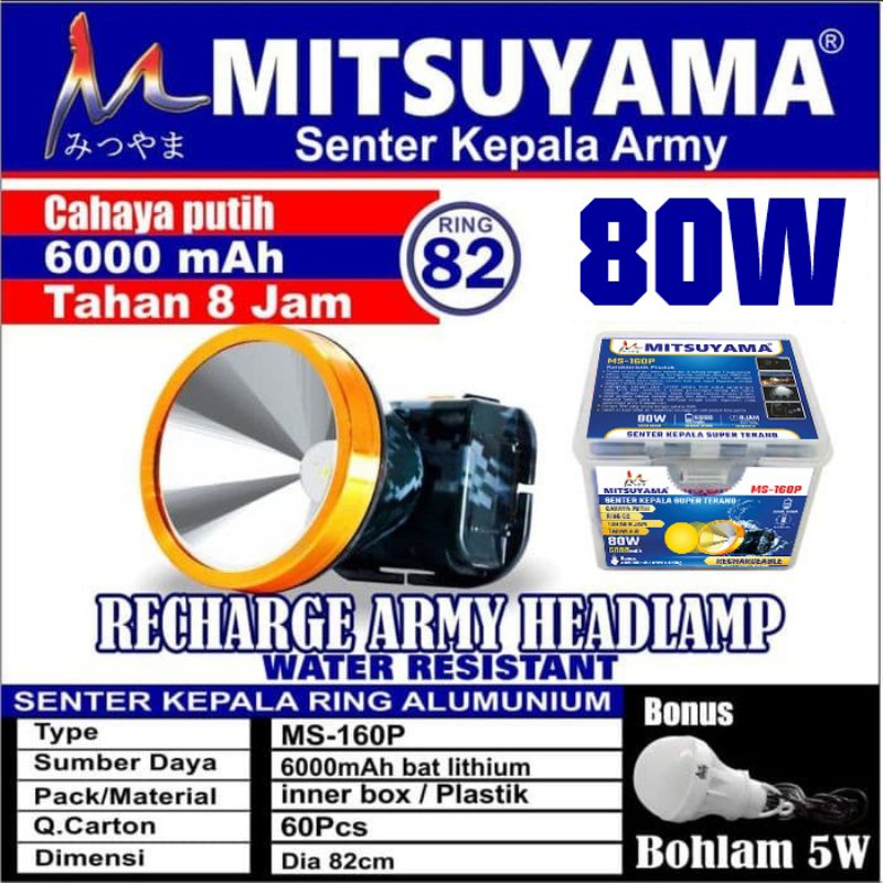 Senter Kepala Diving Selam Mitsuyama MS-170P Cahaya Putih / MS-170K Cahaya Kuning 80 Watt / Senter Kepala Hiking dll MS-160P / Senter Kepala Camping Hiking dll JINLONG JL-80