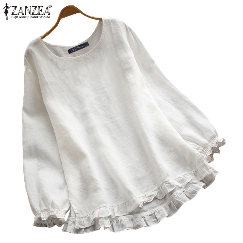 ZANZEA Women Long Puff Sleeve Ruffled Hem Elastic Cuff Casual Blouse