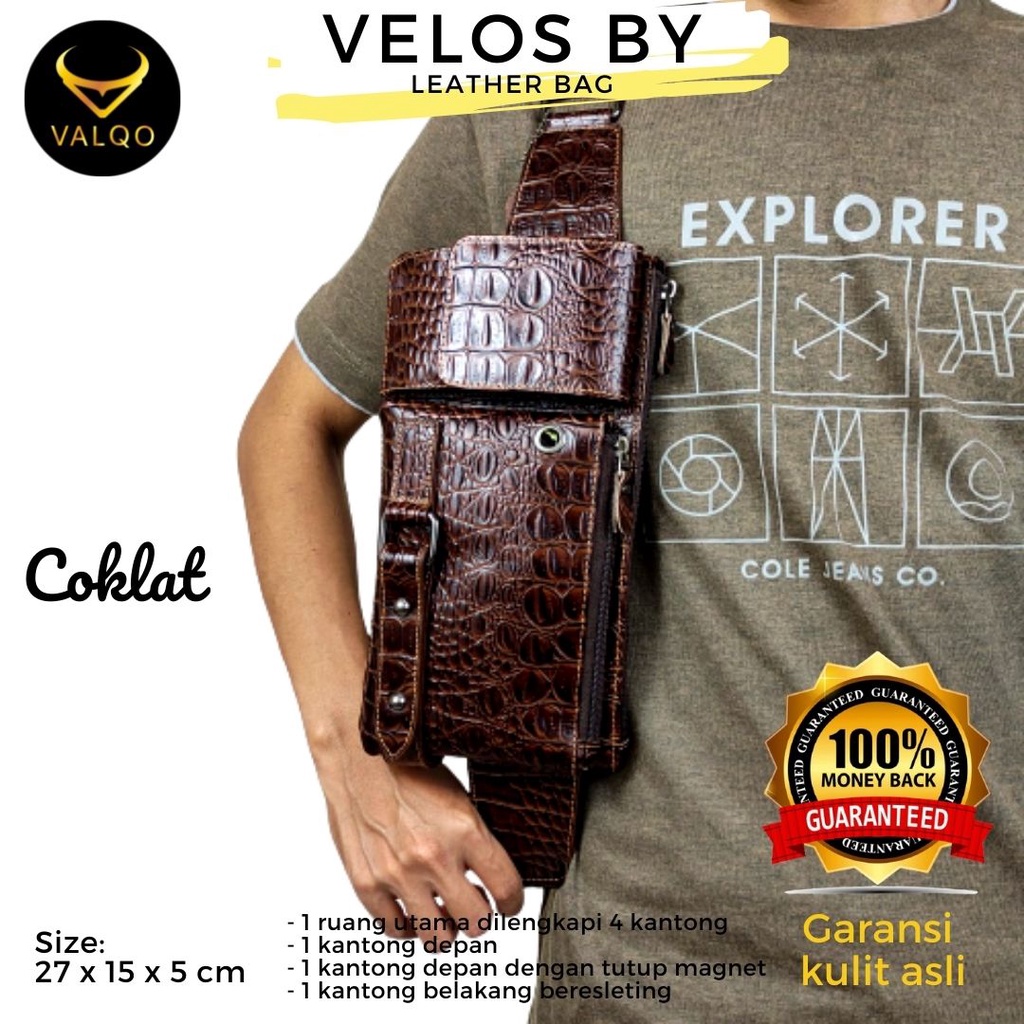 [VALQO] VELOS BY Tas Kulit Sapi Motif Buaya Waist Bag Dada Pinggang Sling bag Cowok Tas Pria