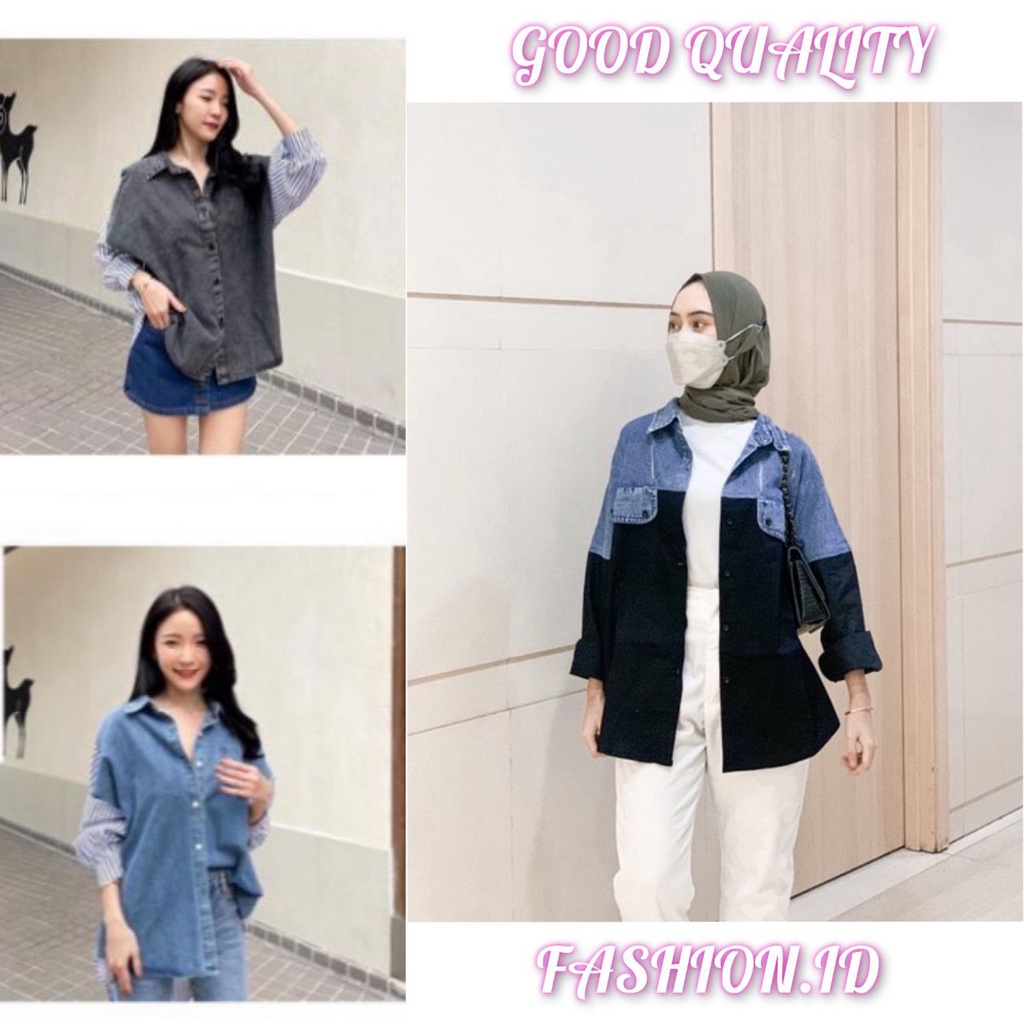 KEMEJA JEANS ATASAN WANITA KOMBINASI SALUR