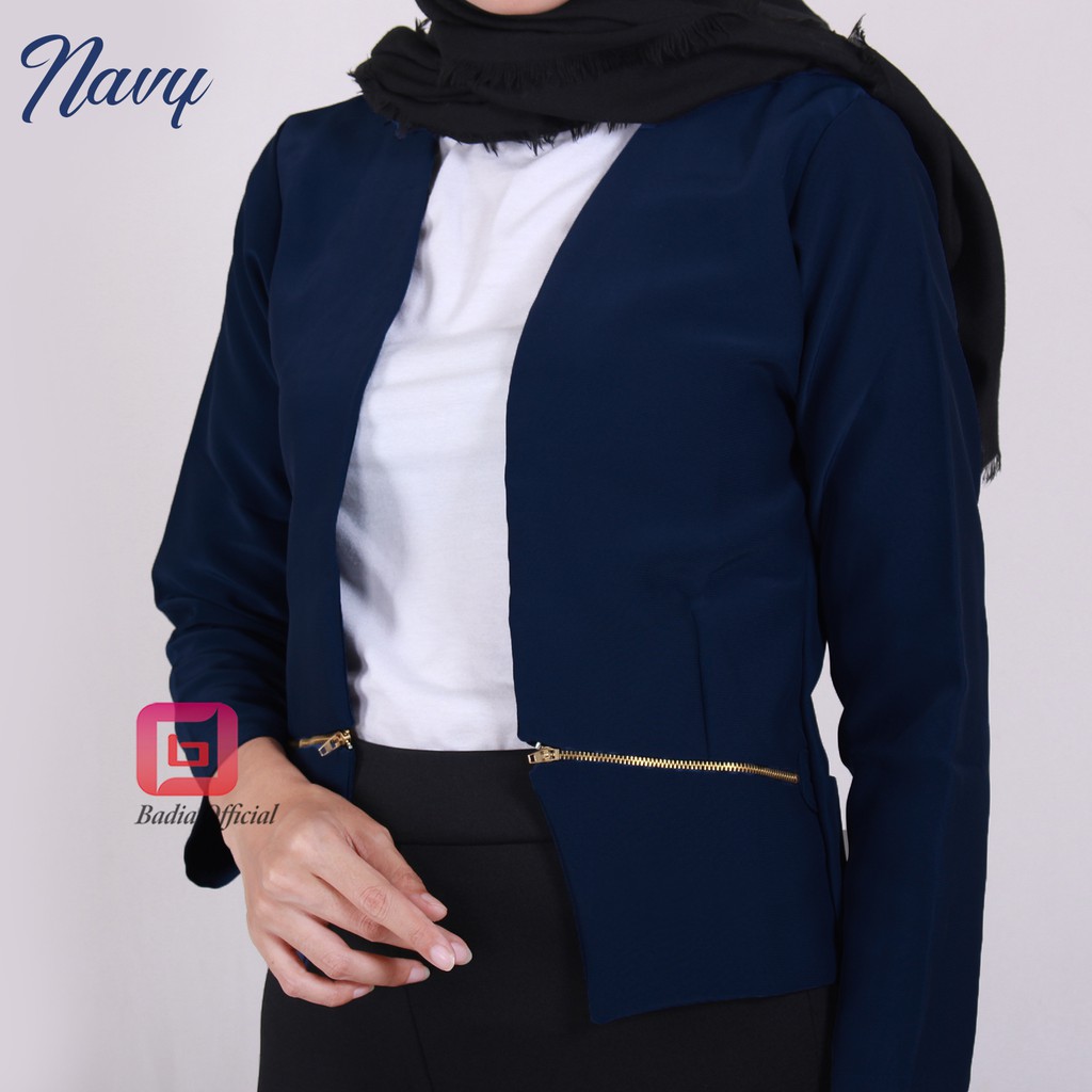 blazer korea zipper formal blejer kantor kerja motif resleting wanita