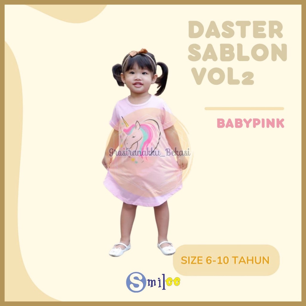 Daster Anak Smile Sablon Vol 2 Junior Motif Baby Pink Kudapony Size 6-10Tahun