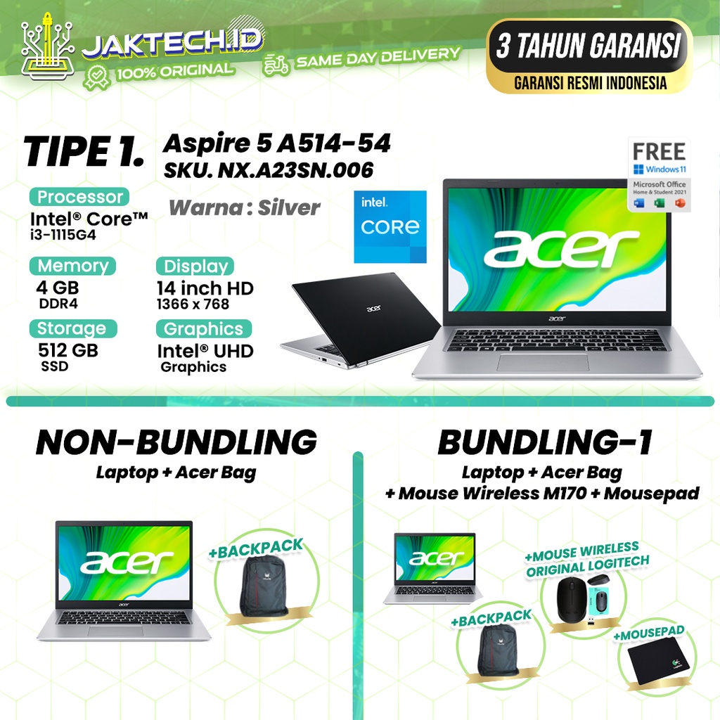 Acer Aspire 5 Slim A514-54G/A515-54/55 Intel Core i3 i5 i7/AMD RYZEN 3/5 4/8GB 512GB SSD W11 + OHS 2021 ORIGINAL GARANSI 3 TAHUN