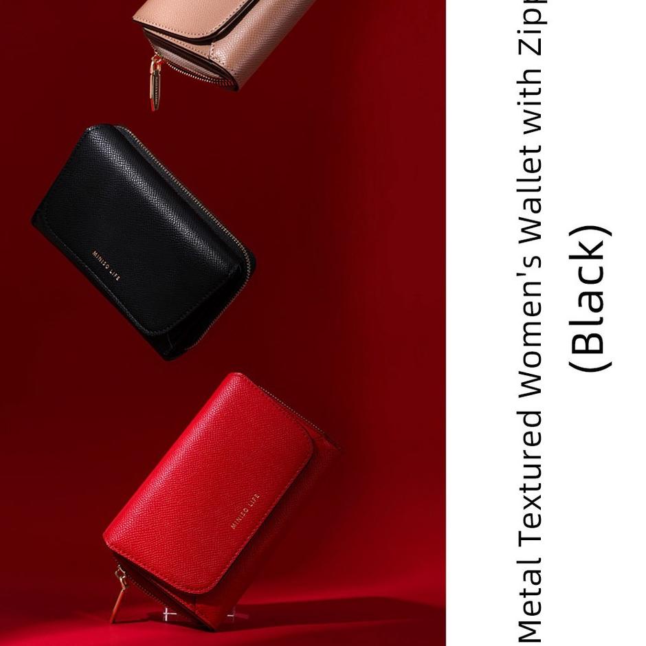 C88 MINISO Dompet wanita mid-length ritsleting logam bertekstur Woman Wallet kulit buatan PU ☁➫ ➧