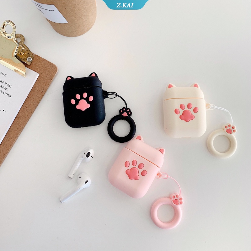 Casing Silikon Motif Kartun Cakar Kucing + Gantungan Kunci Untuk Simpan Earphone Wireless Bluetooth Apple AirPods 1 / 2 pro