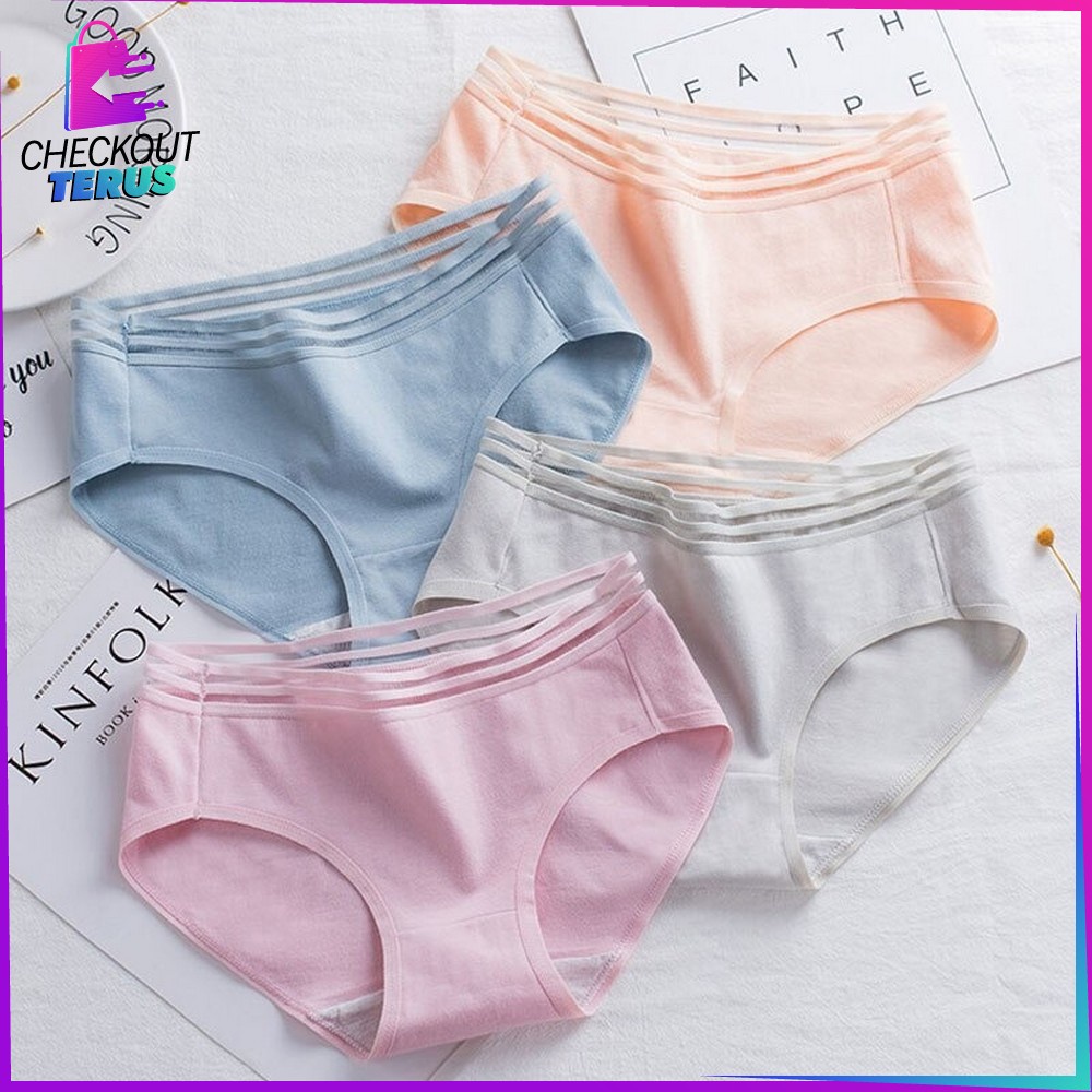 CT P126 Celana Dalam Wanita Garis Motif Polos Pakaian Dalam Wanita Panties Segitiga Impor