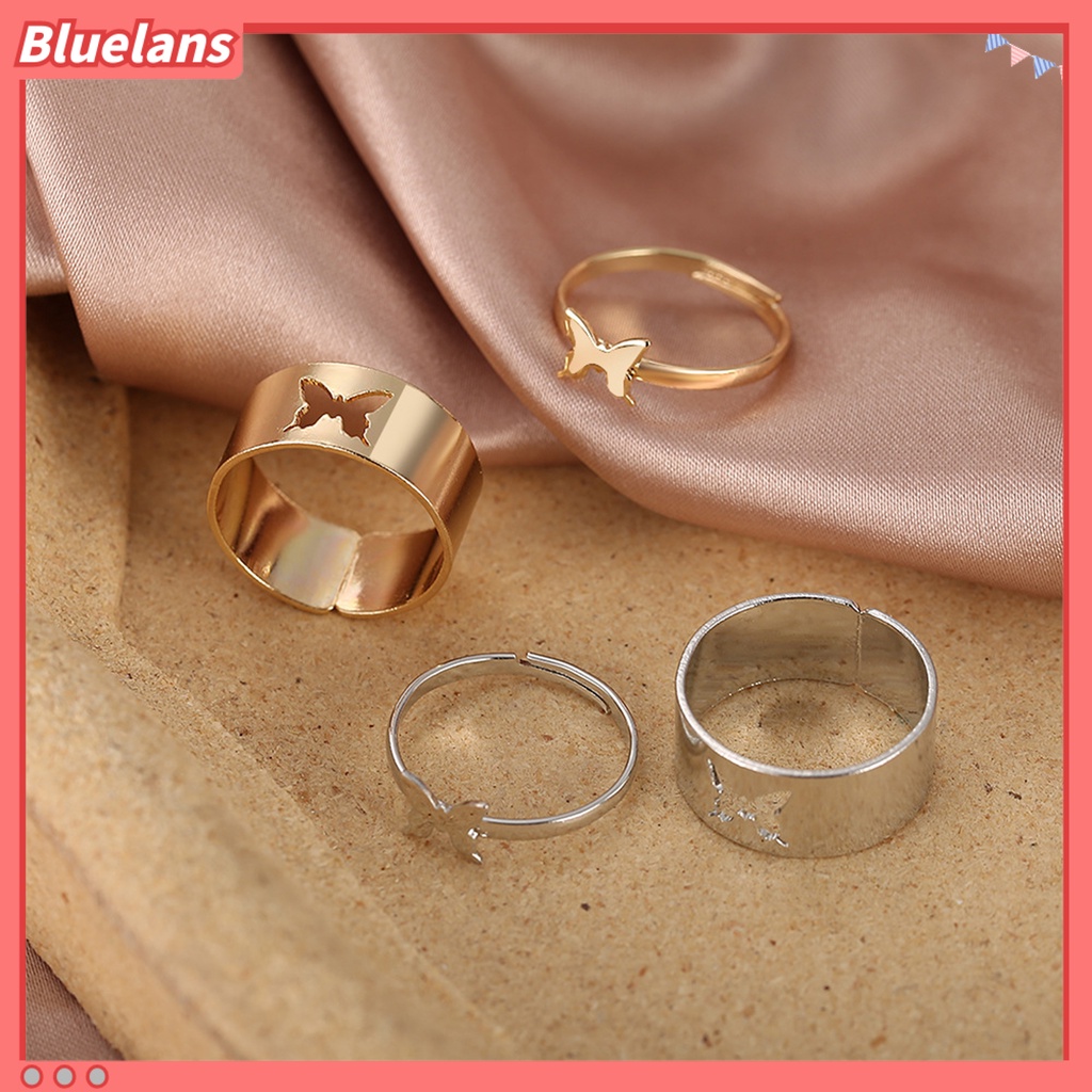 Bluelans 2Pcs Butterfly Opening Alloy Wide Thin Hollow Couple Rings Finger Rings