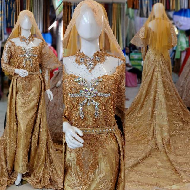 Gaun pengantin slim kebaya ekor slim warna GOLD kebaya ekor murah