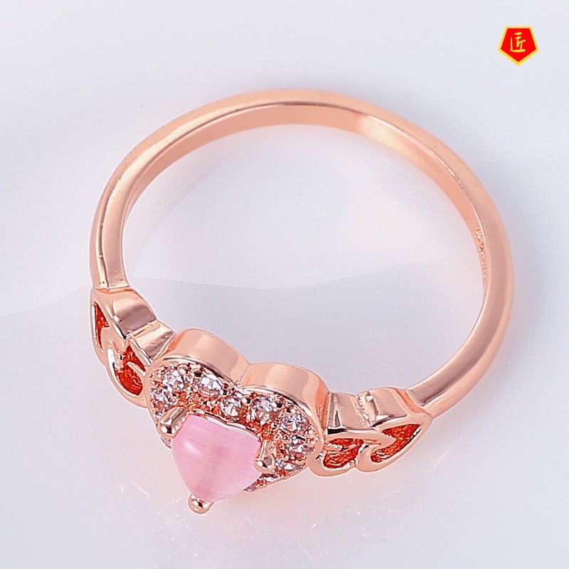 [Ready Stock]Fashion Popular Rose Gold Heart-Shaped Pink Crystal Ring