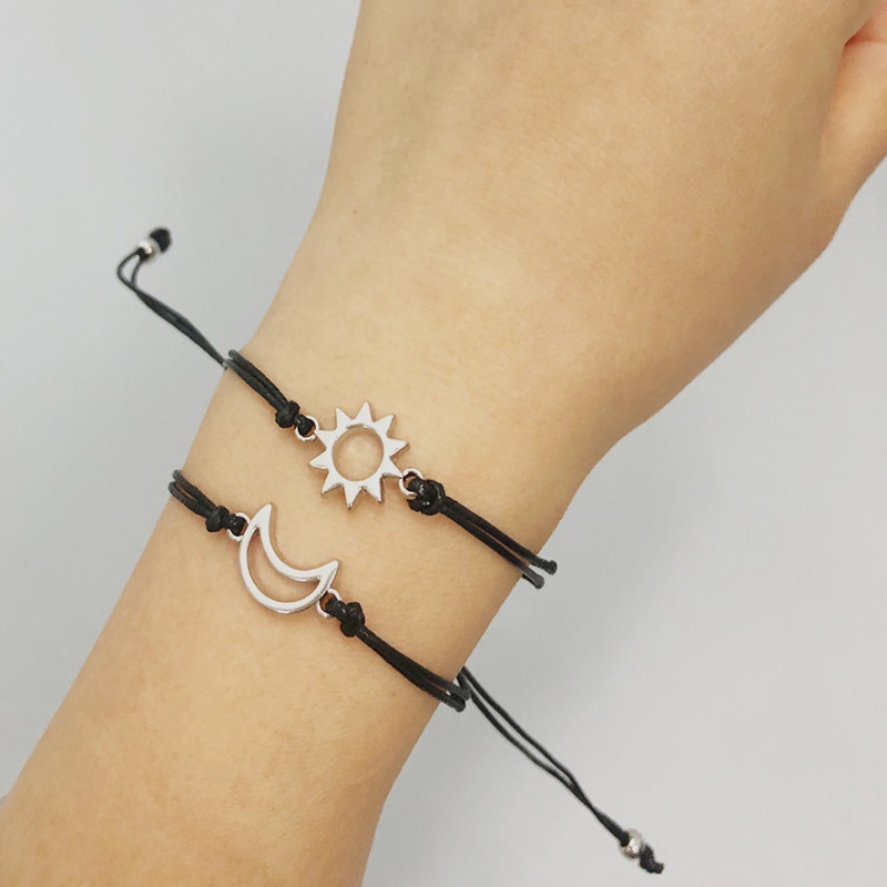 2pcs Gelang Couple Hitam Pasangan Adjustable Bulan Dan Matahari Gelang Persahabatan Tali Lilin Aksesoris Untuk Pria Dan Wanita