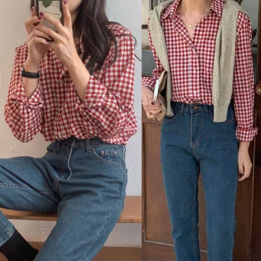 Baju atasan kemeja kotak kotak wanita casual korea hem kasual cewek korean style kekinian terbaru