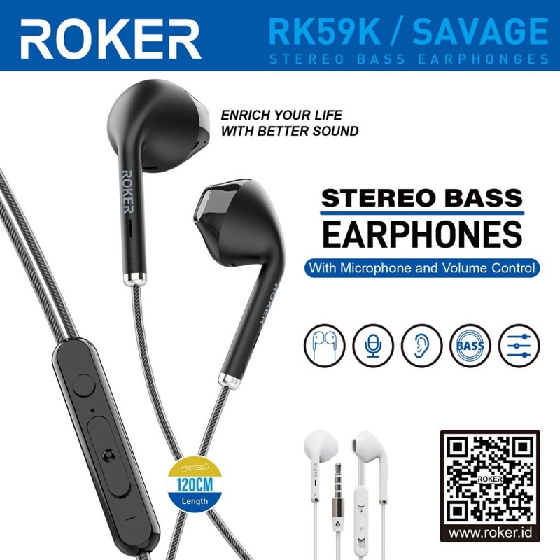 NEW HANDSFREE ROKER RK59K HF ORIGINAL SAVAGE SERIES STEREO BASS EARPHONE