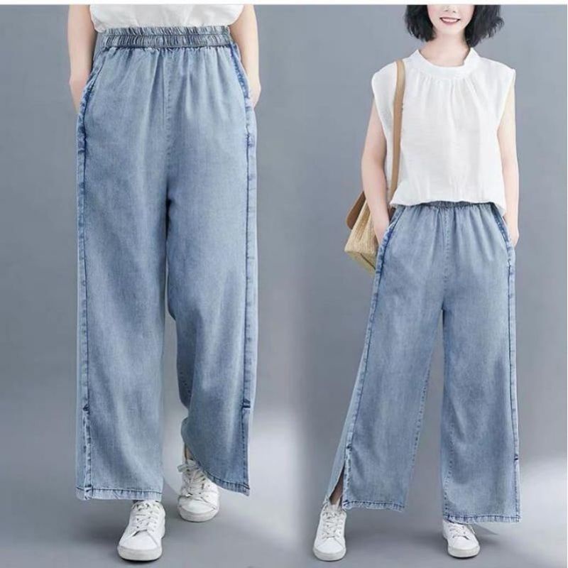 Celana Wanita Kulot Jeans Highwaist Pinggang Karet Korean Style Ootd Fashion Remaja Kekinia