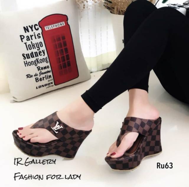 ABBUSHOES PH 05 Sandal Wedges Wanita Motif Catur 7cm