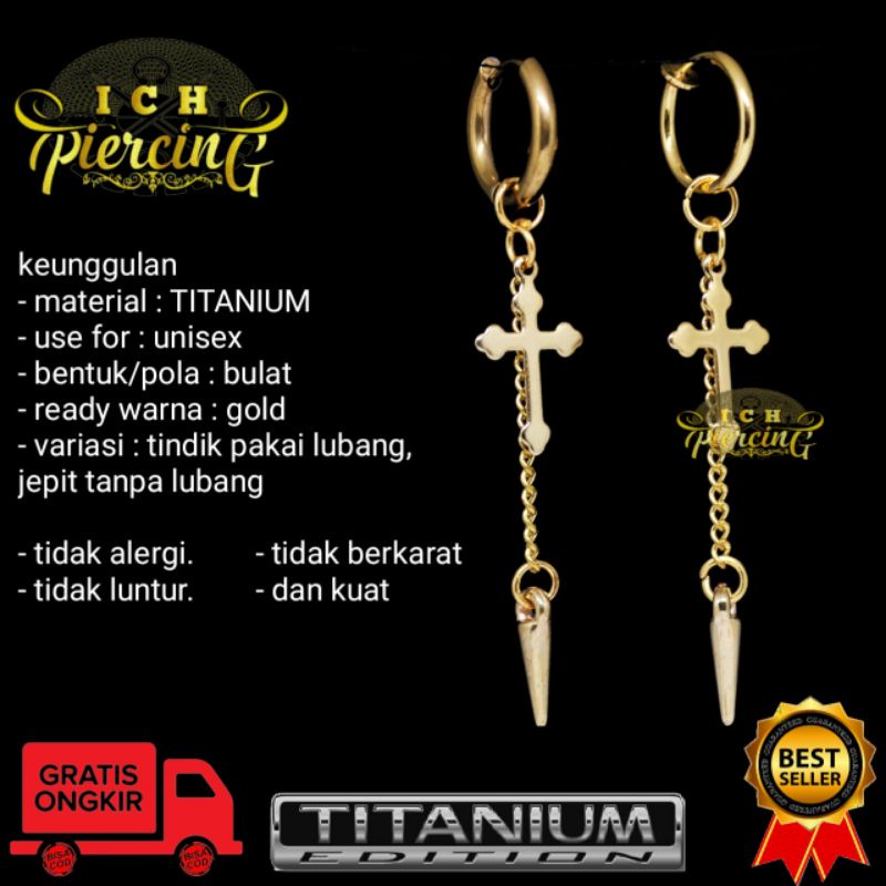 terbaru anting Hoop model Salib 02 rantai bandul gold / anting tindik dan jepit warna gold titanium / ICH PIERCING