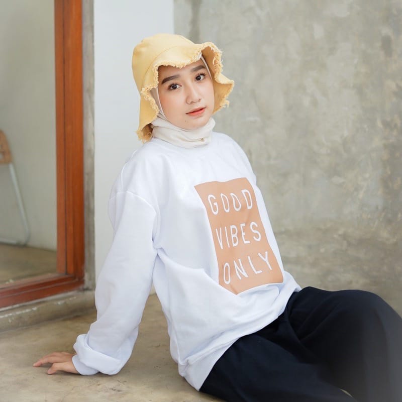 SWEATER WANITA GOOD VIBES ONLY /// ATASAN ALA KOREA FLEECE TEBAL HALUS TERBARU''