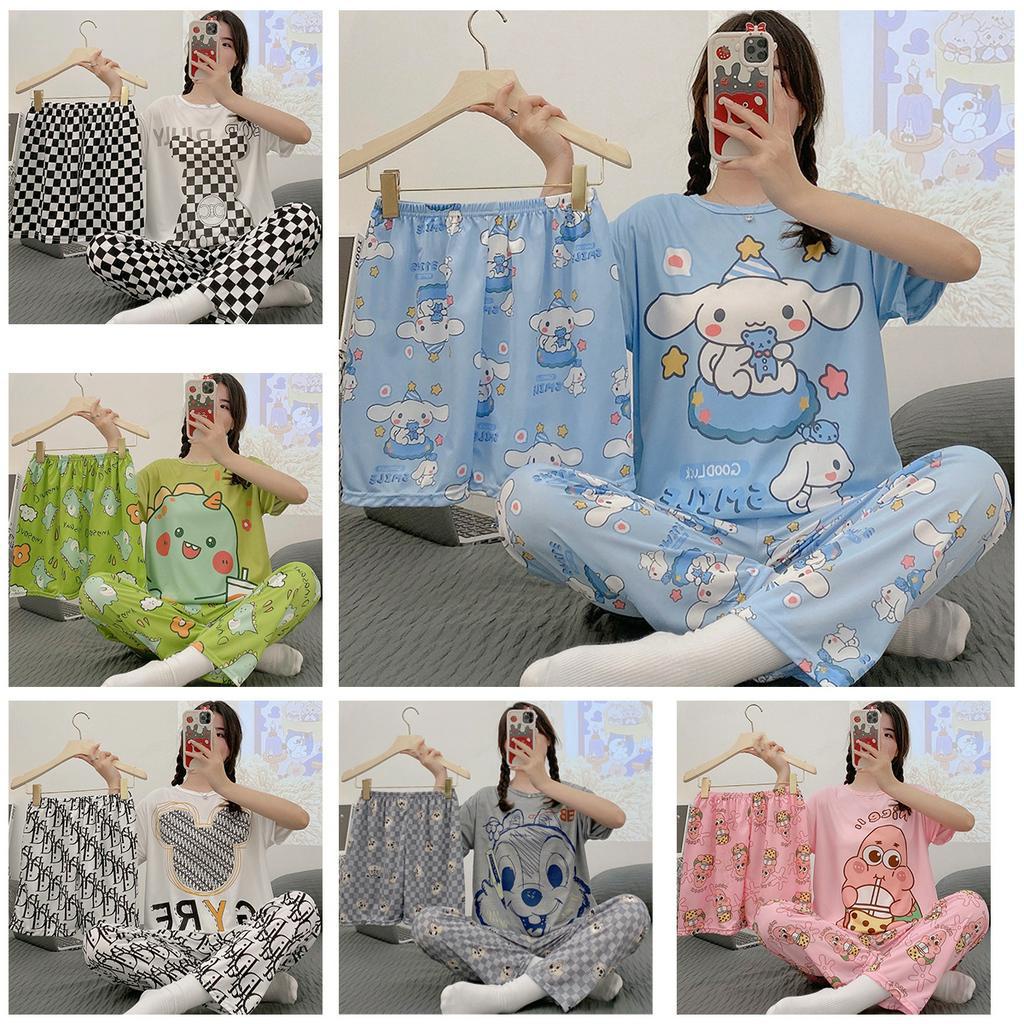 Baju Tidur Oversize Piyama Set Lengan Pendek Celana Panjang Pendek Import Pakaian Tidur Setelan 3IN1 496