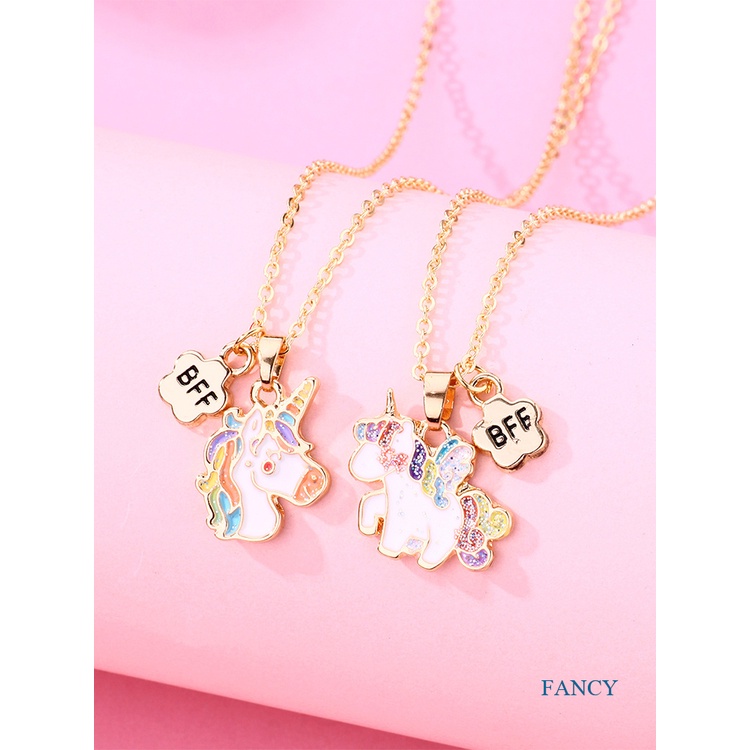 2pcs / Set Kalung Rantai Liontin Unicorn Lucu Untuk Wanita