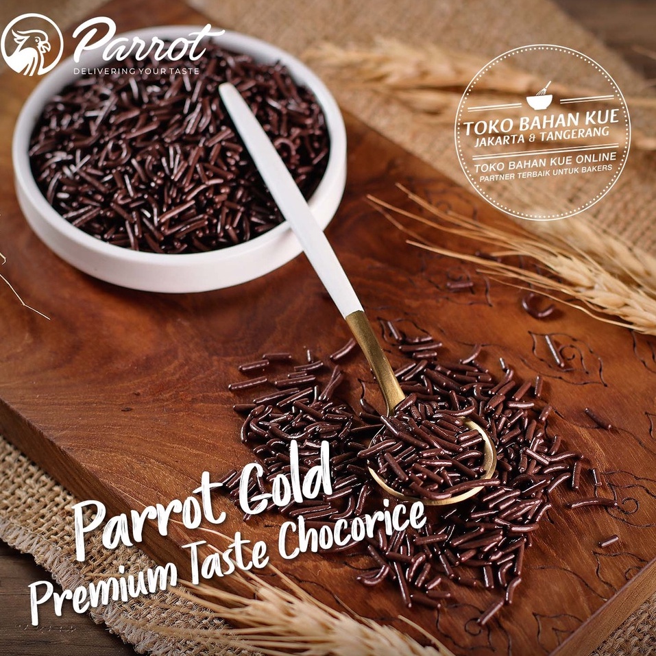 

Parrot - Meises GOLD 100gr Meses Warna Coklat Mengkilap Chocolate Sprinkle Mesis Premium