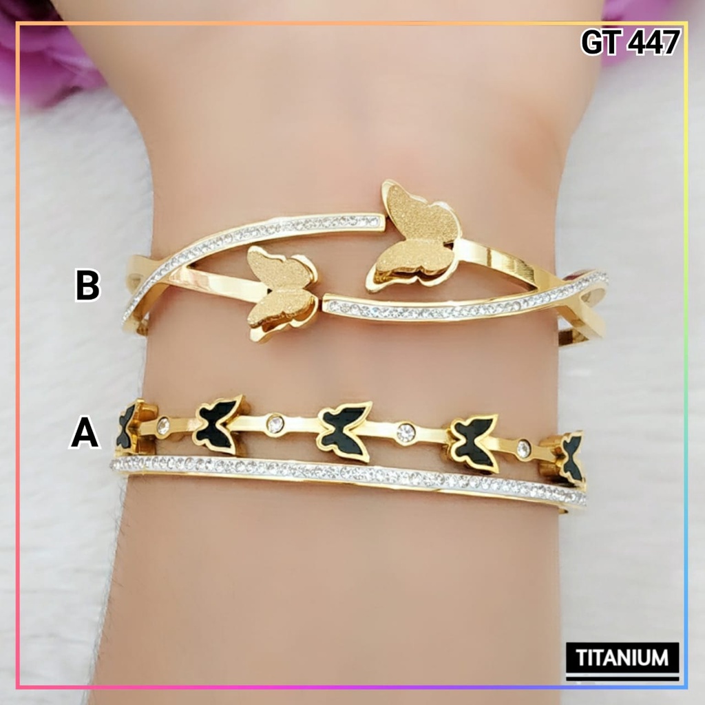 Gelang titanium/stainless steel Gelang Premium Bangle Kupu Warna Gold Perhiasan Wanita Anti Karat GT 447