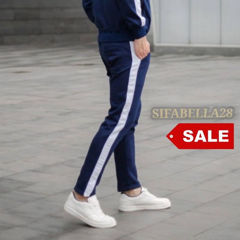 Celana Training pria dan wanita Joger bahan tebal Jogger Trackpants Navy Garis Putih