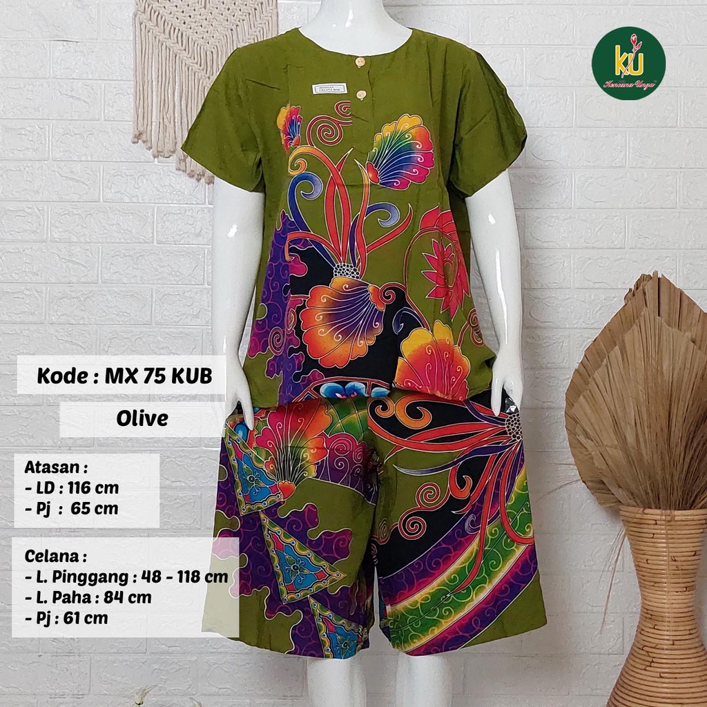 Bisa COD MX75 KUB | Setelan Kulot Celana Pendek Batik Kencana Ungu Asli Label Biru | Baju Santai Piyama Tidur Wanita Kancing Depan Busui Friendly Motif Terbaru-Olive F