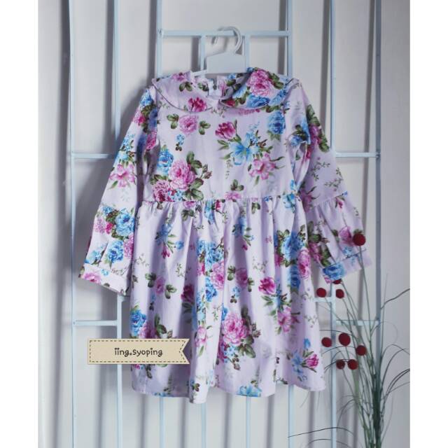 DRESS ANAK LENGAN PANJANG MOTIF BUNGA BAHAN KATUN JEPANG