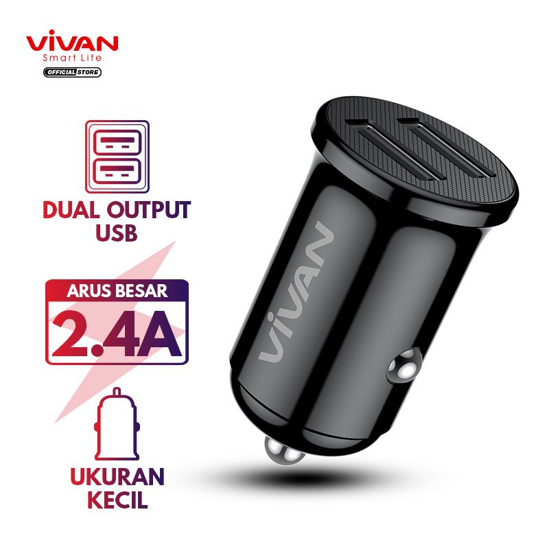 Vivan VCC01 Car Charger Mobil 2.4A Mini Dual Port Small &amp; Portable + Cable Kabel Charger [1Set]