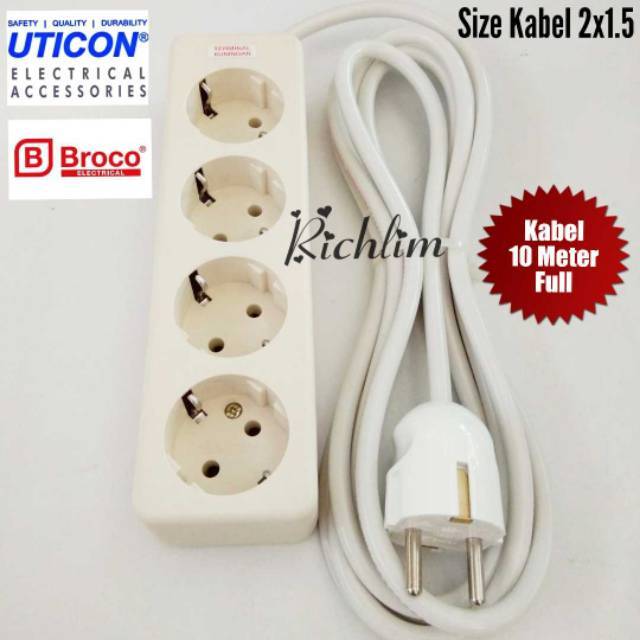 Stop Kontak/Colokan Listrik 4 Lubang Uticon+Steker Arde Broco+Kabel Serabut 2x1.5