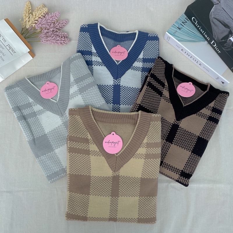 KAYRA KNIT | SWEATER RAJUT MOTIF SQUARE OVERSIZE | KNITWEAR PREMIUM TEBAL LEMBUT | BLOUSE V NECK