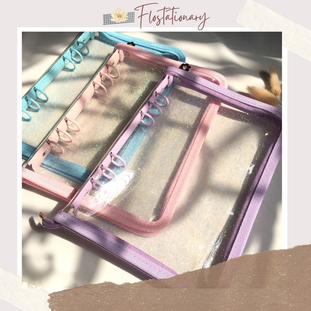 

[FS] Binder PVC Glitter Resleting (A5) & Envelope (A6) Binder Zipper 6 Ring Besi Berwarna Macaron