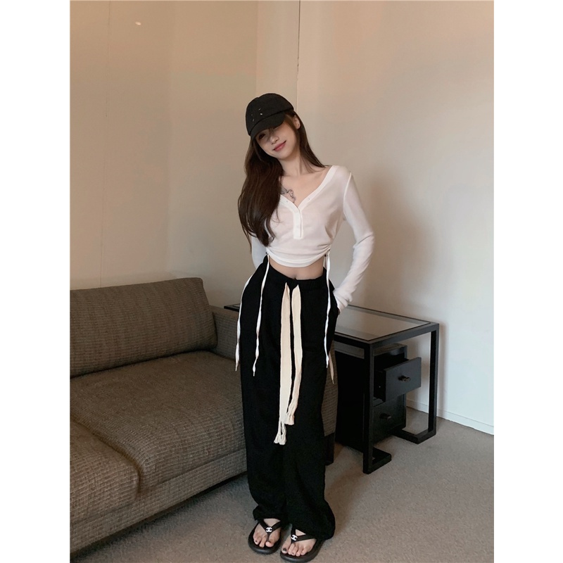 Celana Panjang Sweat Hitam Wanita Celana Olahraga Loose Highwaist Celana Jogger Tanpa Karet Casual Korean Style