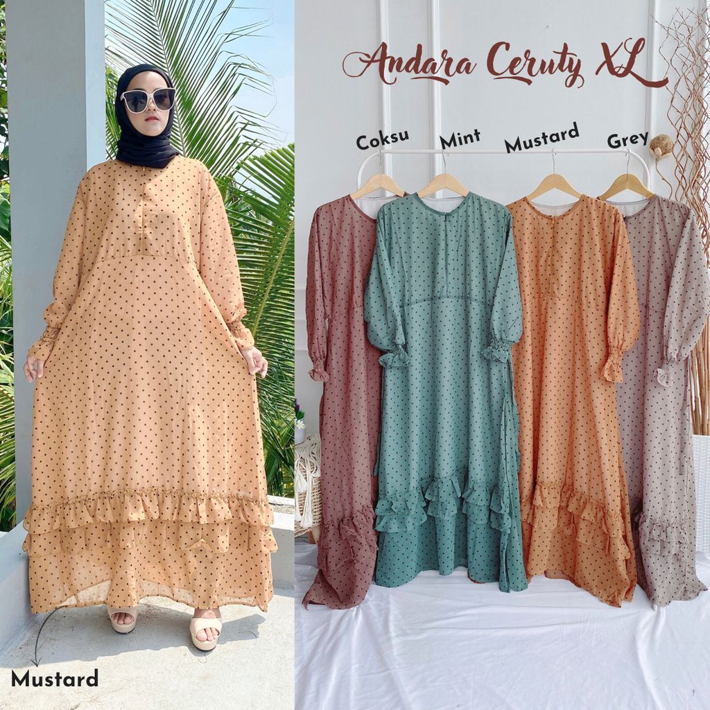 Gamis Ceruty Babydoll Andara Maxi Polcadot Full Furing